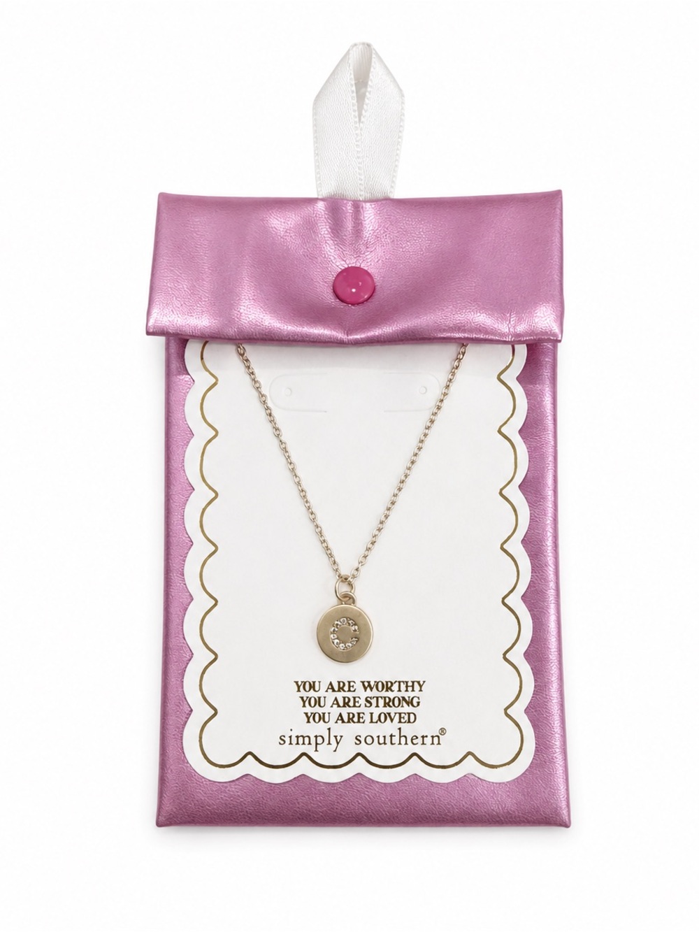 Simply Southern Gold Disc Necklace with Crystal “C” Charm and Pink Pouch